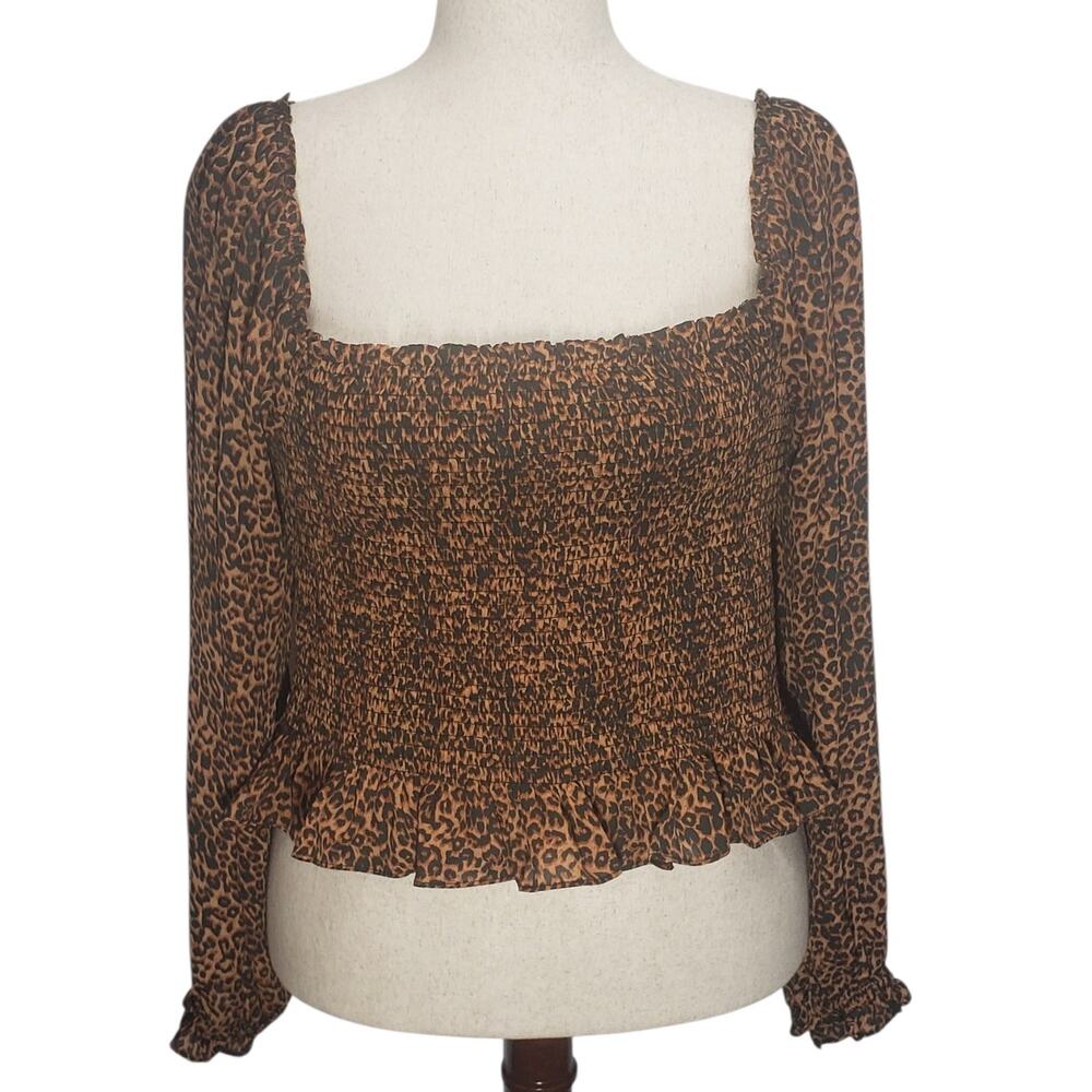 Leopard Print Smocked Ruffled Top NWT Plus 3X Square Neck Balloon Sleeve